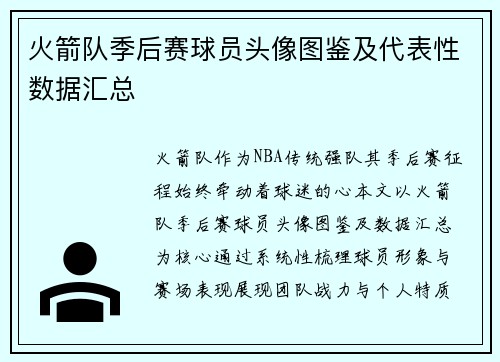 火箭队季后赛球员头像图鉴及代表性数据汇总